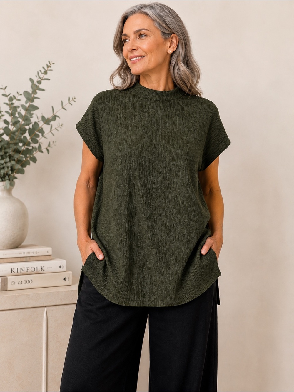 Eileen Fisher Textured Olive Green Tunic Top 2X Minimalist Crinkle High Neck